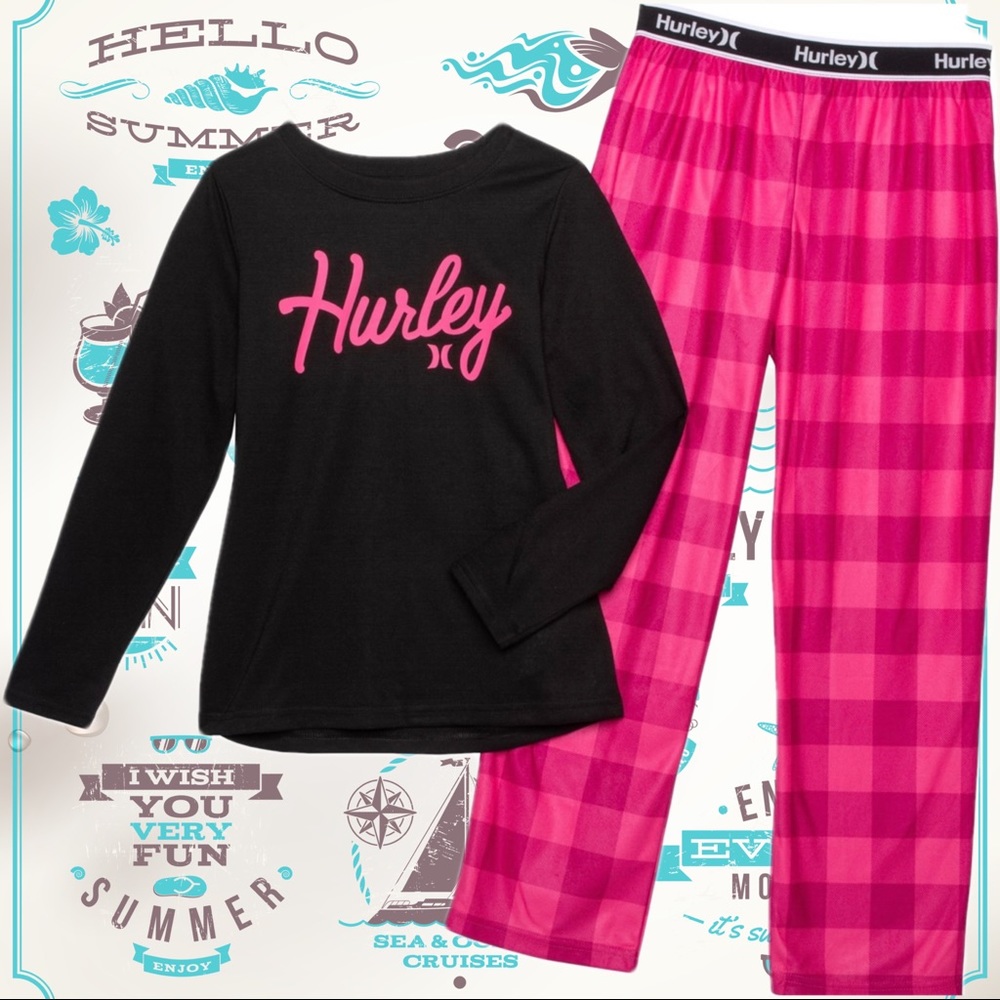 Girls Hurley Hot Pink & Black Plain Pajamas Sleepwear Set